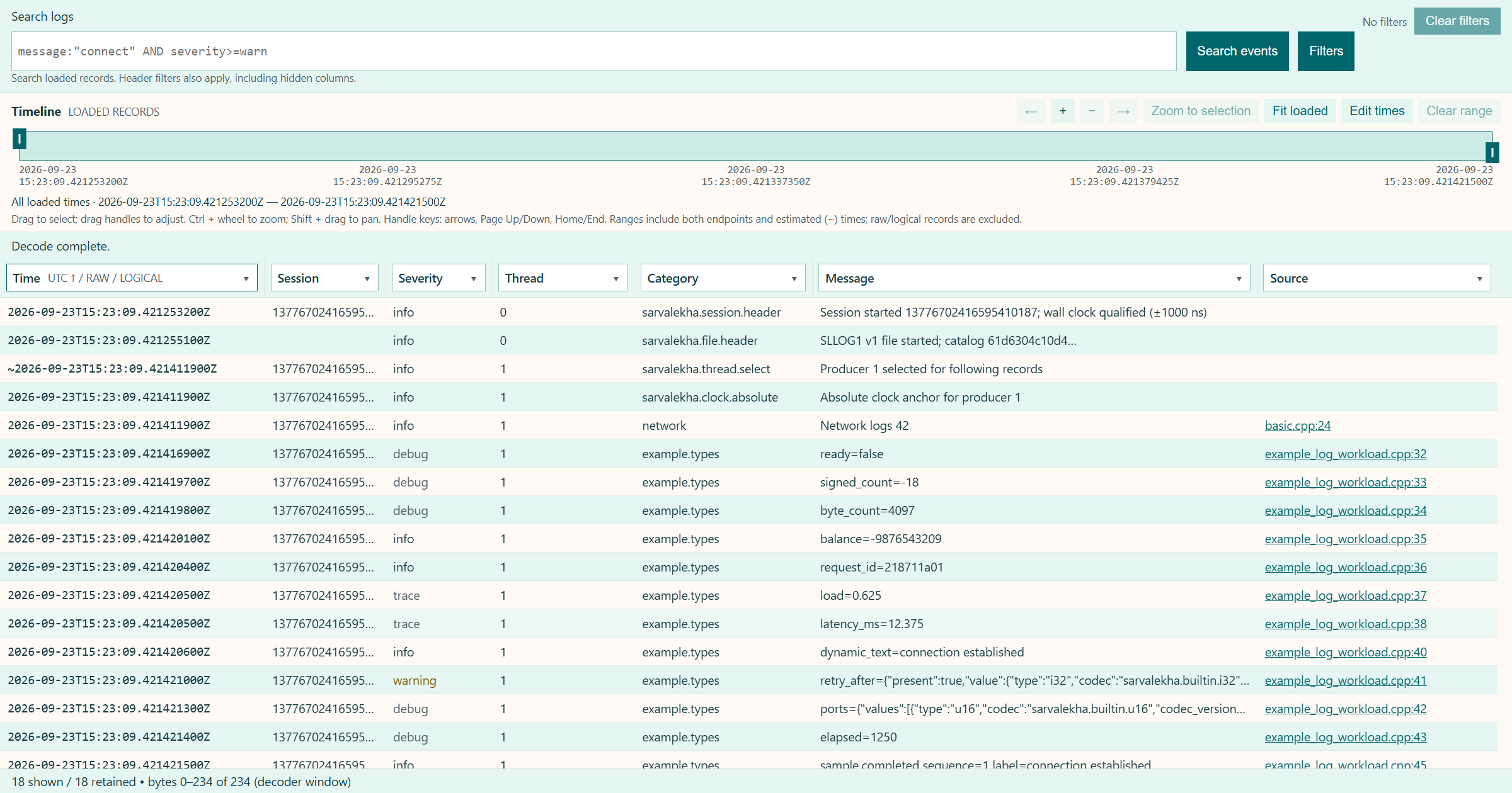 Sarvalekha desktop application with search, timeline, Session, Thread and Source columns.